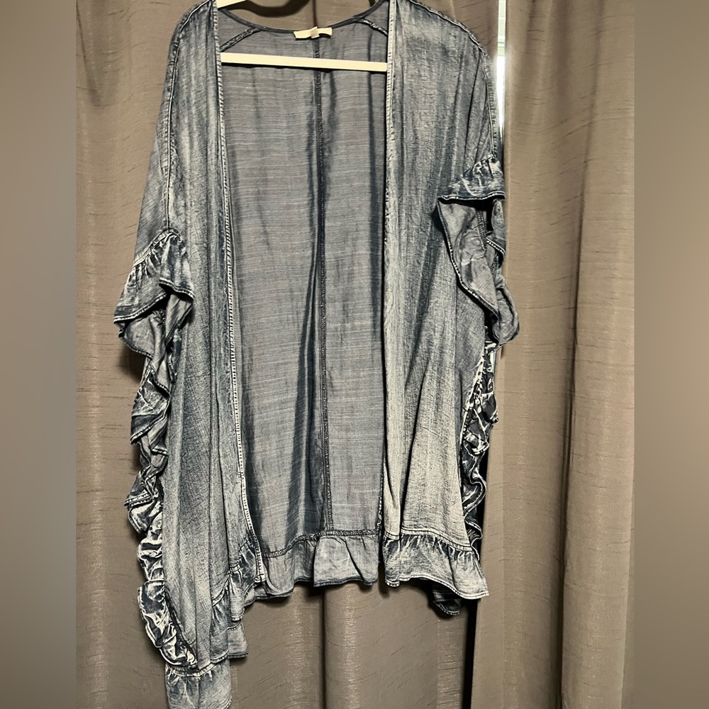 Large denim over piece with ruffles, fits more like 2XL